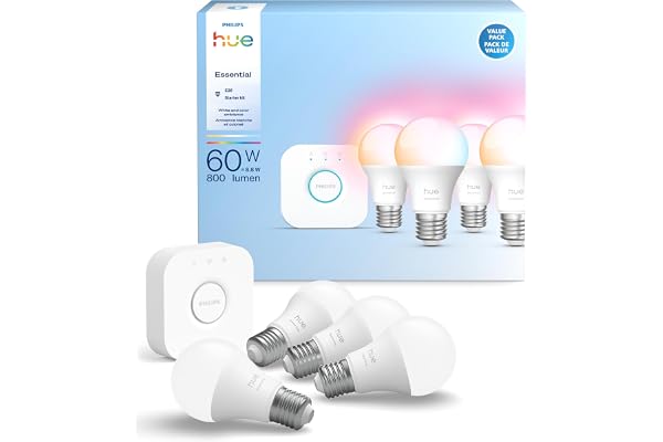 Philips Hue Essential Starter Kit: Bridge + 4 Essential E26 Smart Bulbs, White and Color Ambiance, 2200K-6500K, Dimmable, Wor