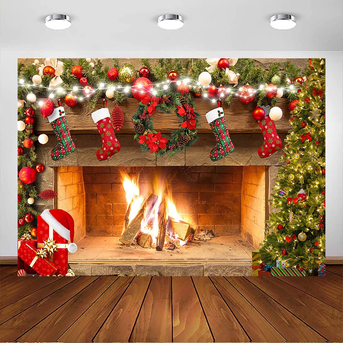 Avezano 7x5ft Christmas Fireplace Backdrop Holiday Family Party Decorations Backdrops Happy New Year Xmas Fireplace Photography Background Baby Kids Portrait Banner Studio Decor Booth Props