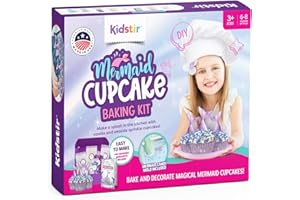 KIDSTIR Mermaid Kids Baking Kit Little Mermaid Gifts for Girls, DIY Cupcake Baking Set for Kids with Mermaid Cake Topper Mold, Includes Pre-Measured Ingredients, Mermaid Birthday Cooking Set for Kids