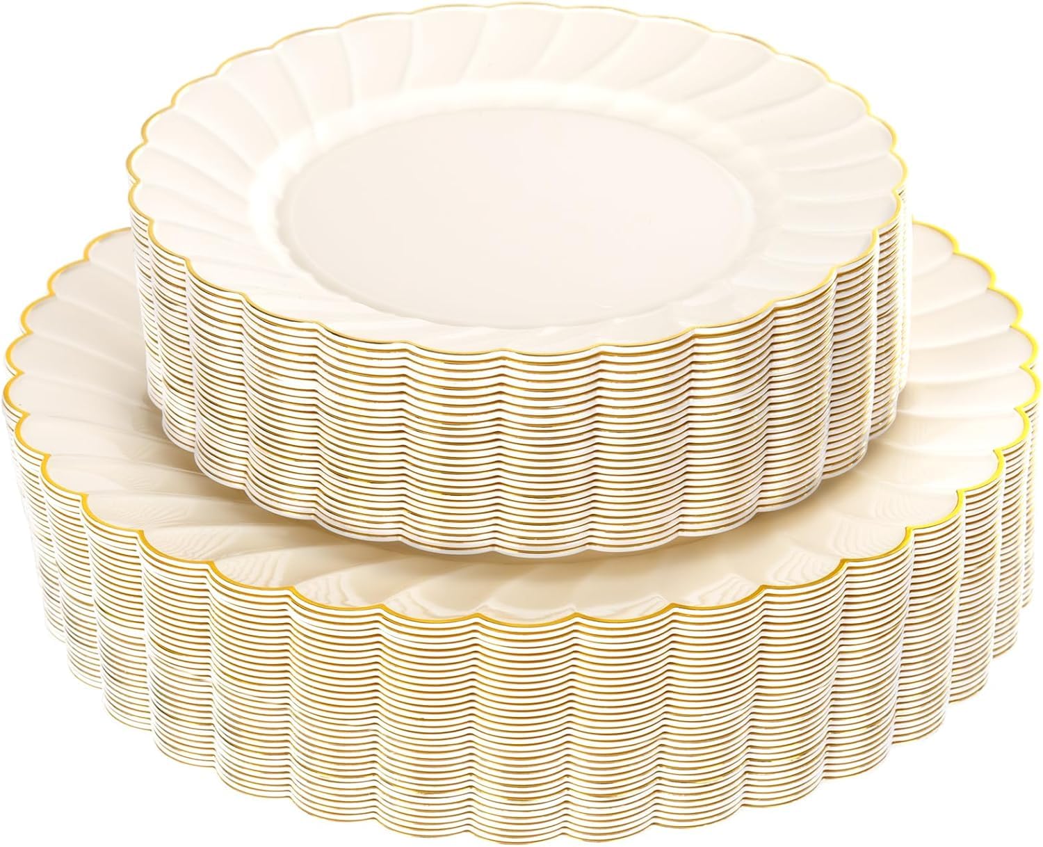 Photo 1 of YOUBET 60PCS Ivory Scalloped Plastic Plates - Hard Craem and Gold Fancy Disposable Plates include 30 Gold Dinner Plate, 30 Dessert Plate for Party Wedding Valentines Day