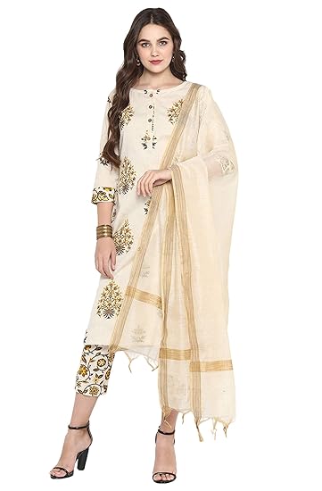 Women's Cream Pure Cotton Straight Kurta With Pant And Dupatta