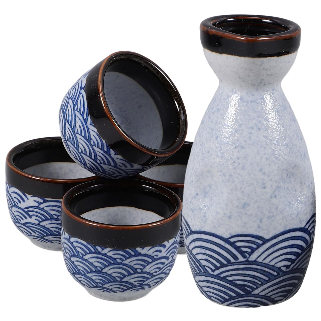 DOITOOL Ceramic Sake Cup Set Japanese Style Sea Ripple Design 1 Pot and 4 Cups Traditional Glazed Sake Serving Set for Home Bar Office Tea Party