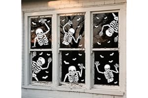 CESOF 74pcs Giant Halloween Window Clings Decorations, 8 Sheets 6 Skeleton Window Stickers, Scary White Skull Window Silhouettes Decal for Indoor Bathroom Glass Door Decor Home Haunted House Party Supplies