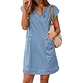Pink Queen Womens Denim Dress Summer V Neck Short Sleeve Loose Casual Jean Dresses with Pockets