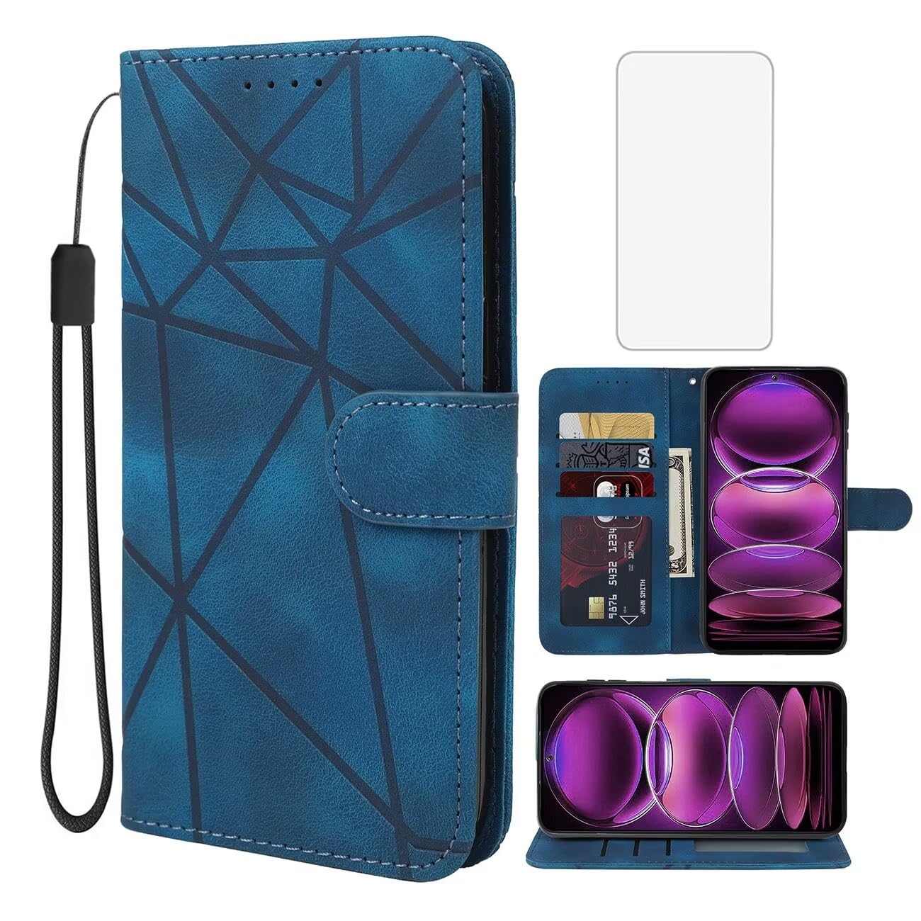 Wanyuexes Case for Redmi 12 Case, Redmi Note 12R/Poco M6 Pro/Redmi 12R Wallet Case with Tempered Glass Screen Protector, Leather Flip Credit Card Holder Stand Phone Cover for Xiaomi Redmi 12 Blue