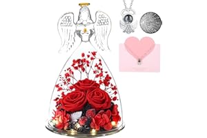 ANWEAO Christmas Angel Gifts for Women,Xmas Gifts for Mom,Angel Gifts Glass Angel Figurines with Three Preserved Red Rose&Necklace,Forever Flowers Xmas Gifts for Her on Christmas Birthday Valentines Day