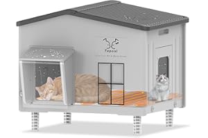 Tepoal Large Plastic Heated Cat House for Outside in Winter, 100% Weatherproof & Insulated Outdoor Heated Cat House with Safe Escape Door, Elevated Feral Cats Shelter for Barn Cats 21.6"x17"x19.7"