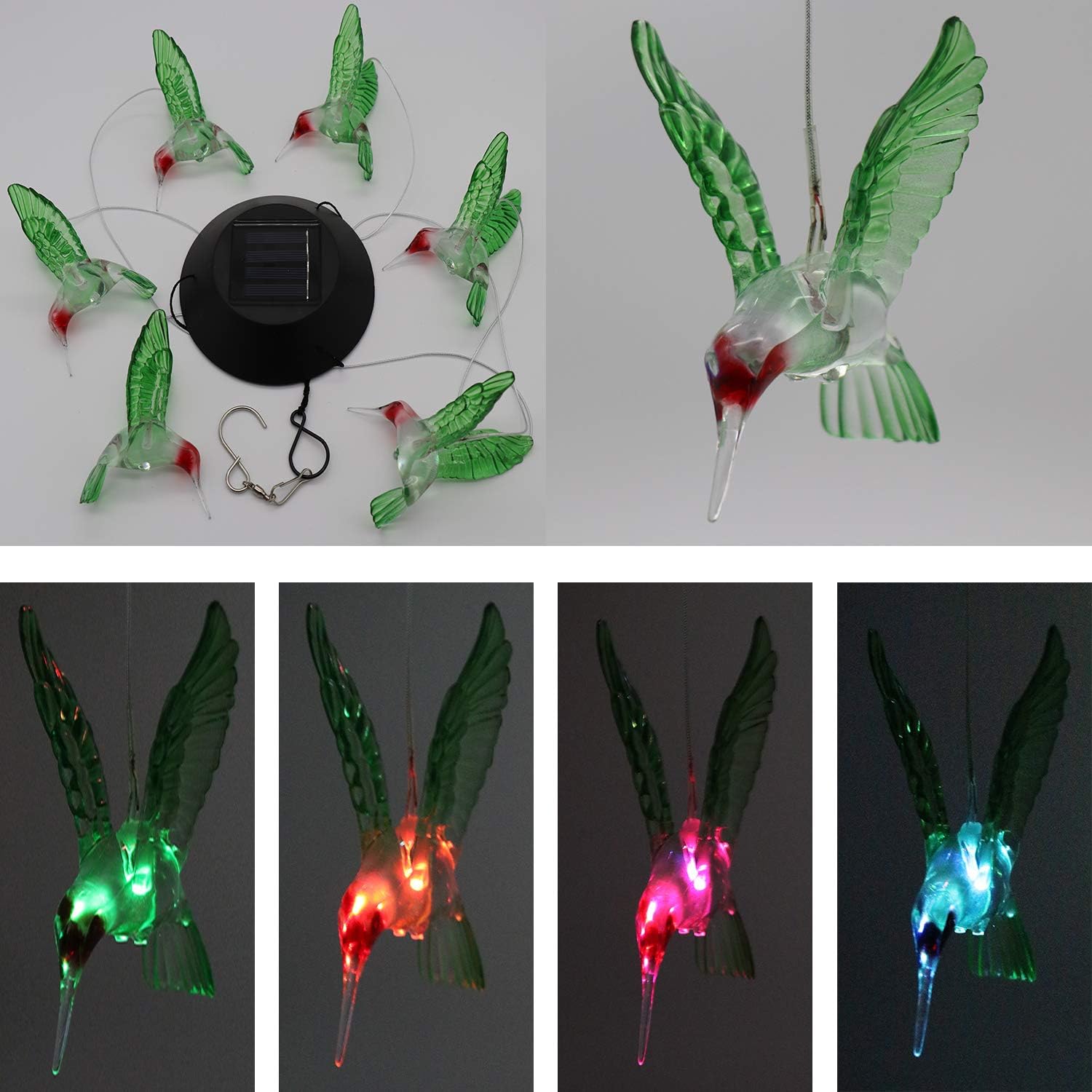 BeHiller Hummingbird Solar Lights Chimes Changing Color Bird Solar Hanging Lights Six LED Hummingbird Lights Mobile Wind Chimes Outdoor hummingbird lights for Garden Gifts Decoration (Six Hummingbird) : Garden & Outdoor