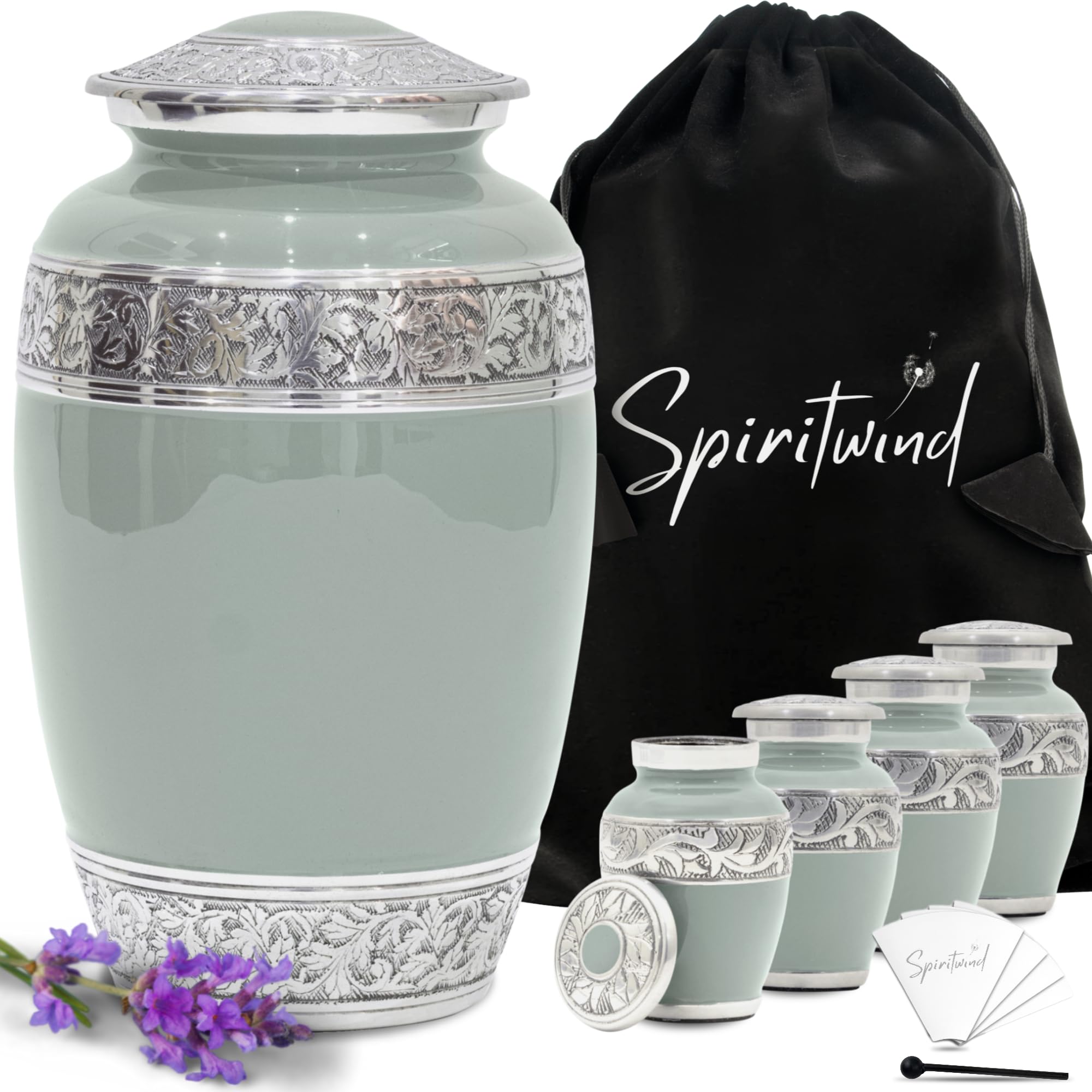 Photo 1 of Set of 5 Handmade Cremation Urns for Human Ashes Adult Man or Woman - Hand Engraved Cremation Urn Set of 5 featuring 1 Large Urn for Ashes with 4 Matching Mini Urns, Funnels & Bags (Light Olive Green)