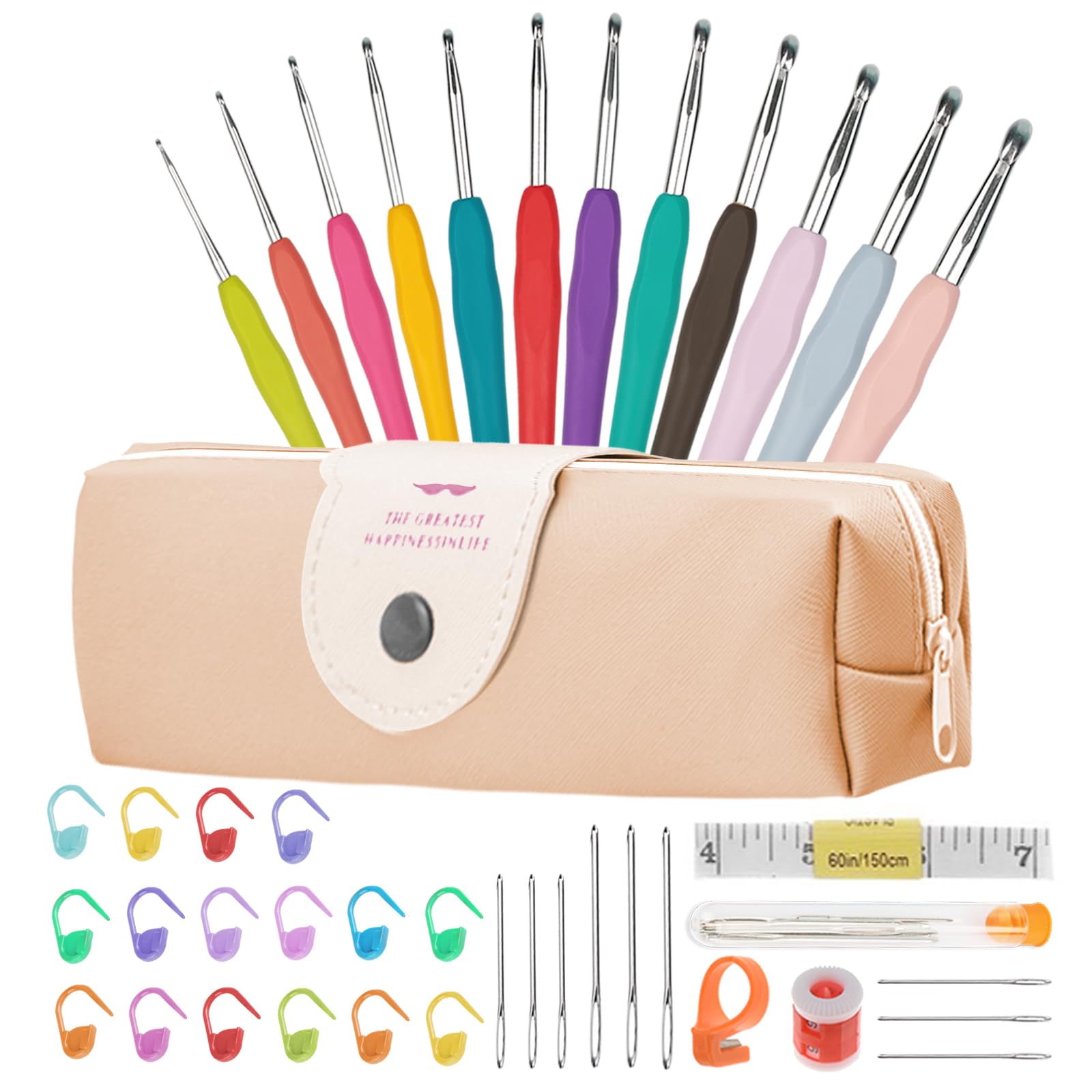 41Pcs Crochet Hooks Set 12Pcs Ergonomic Soft Grip Rubber Handles Needles+16Pcs Crochet Stitch Markers with Case Knitting Accessories Tools for Beginners 2.0mm-8.0mm（Peach）