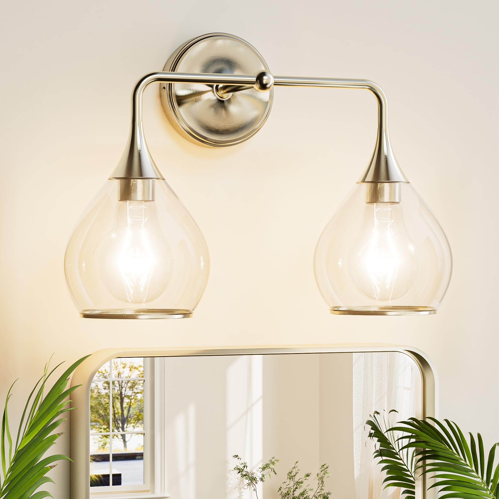 Photo 1 of TETOTE 2-Light Modern Bathroom Light Fixtures, 2 Light Vanity Lights Over Mirror Brushed Nickel Wall Lamp with Clear Glass for Bathroom, Mirror, Living Room, Bedroom, Hallway