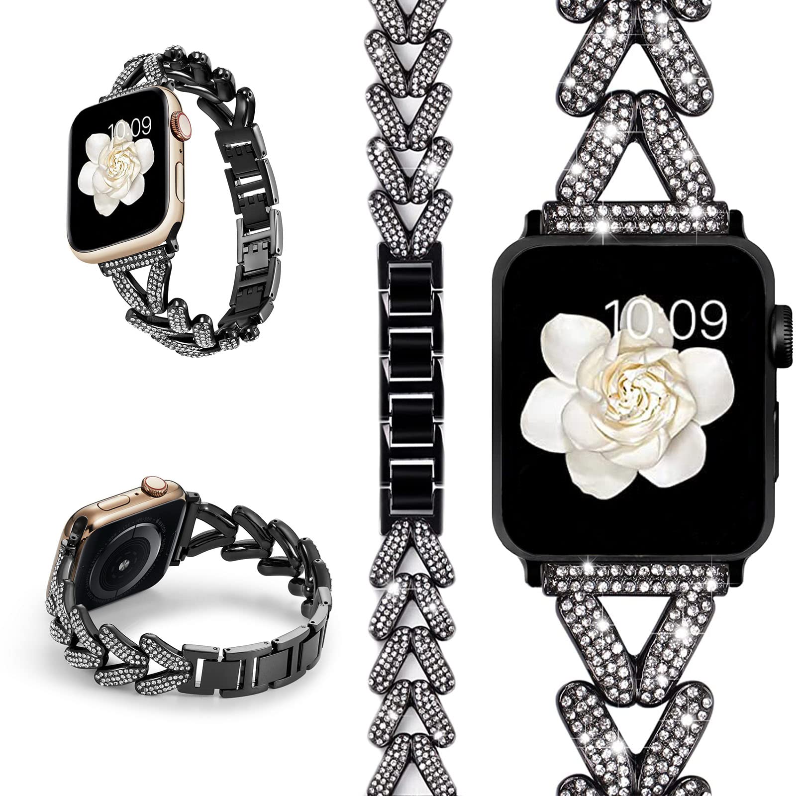 Miimall Strap for Apple Watch Ultra 2/Ultra, Series 10 9 8 7 6 5 4 3 2 1 SE, Bling Rhinestone Zinc Alloy Band Women Adjustable Replacement Strap for iWatch 49mm/46mm/45mm/44mm/42mm, Black