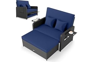 RELAX4LIFE Wicker Patio Outdoor Daybed - Rattan Day Bed Lounger w/Loveseat & Storage Ottoman, Sunbed Sofa Set w/Cushions, 4-Level Adjustable Backrest & 2 Retractable Trays, Patio Daybed (Navy-Black)