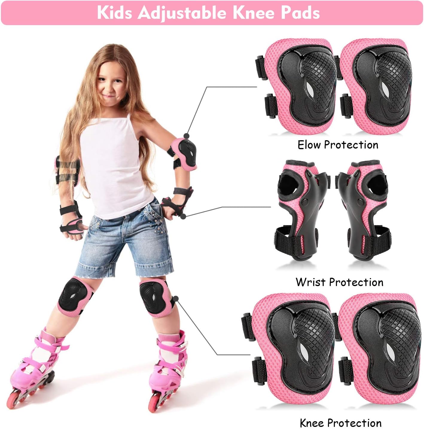 ValueTalks Protective Gear Sets for Youth/Kids Adjustable Safety Knee Pads and Elbow Pads Wrist Guards for 5~15yrs Girls Boys Teens Cycling Skating Roller Skateboard Bike Scooter Outdoor Sports : Sports & Outdoors