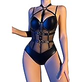 Lilosy Sexy Crisscross Choker Leather Pu Underwire Babydoll Women Harness Teddy Bodysuit Nightshirt One Piece