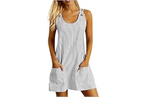 AGWOLF Womens Striped Print Straps Dress Scoop Neck Button Summer Mini Pockets Dresses Boho Beach Tank Sleeveless Sundresses