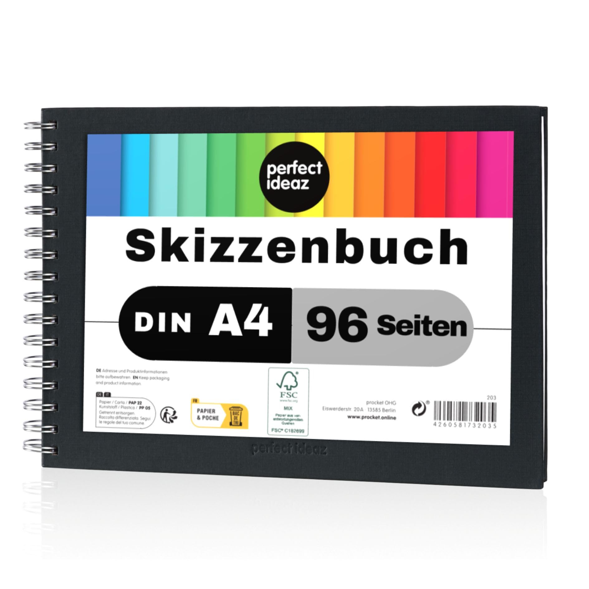 perfect ideaz DIN-A4 Sketch Book 96 Pages (48 Sheets), Professional Drawing Block, Black hardcover, Spiral Binding Book with White Blank Paper, 200 g, Blank Sketch & Black Book for Drawing