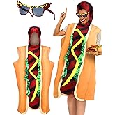 2 Pcs Halloween Hot Dog Costume with Funny Makeup Glasses Unisex Adult Hotdog Costume Fancy Dress for Cosplay Carnival Party