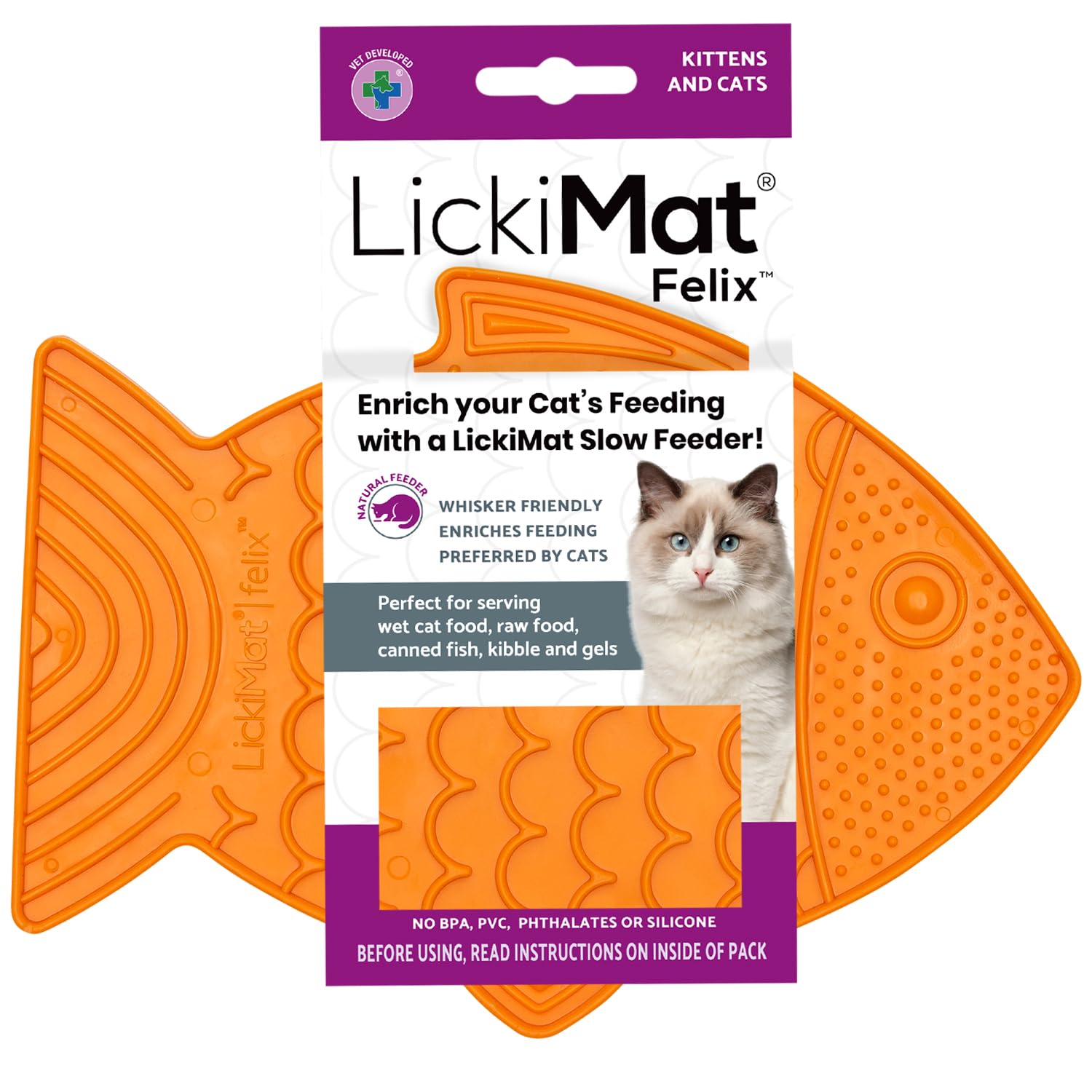 LICKIMAT Felix, Fish-Shaped Cat Slow Feeders for Feline Boredom and Anxiety Reduction; Perfect for Food, Treats and Anxiety Reduction, Orange