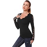 AmélieBoutik Women V Neck Floral Lace Trim Inset Long Sleeve Blouse Top