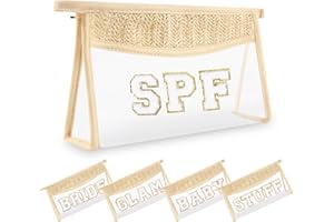 UIXIZQ Small Boho Straw Clear Spf Makeup Bags for Women&Girls, Zipper Cosmetic Bag Chenille Varsity Letter Patch Bag, Preppy Cute Toiletry Pouch, Trendy Organizer Storage Bag for Beach Travel Essentials