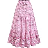 MakeMeChic Women's Floral Long Skirt Boho Paisley Print A Line Ruffle Elastic High Waisted Swing Skirts