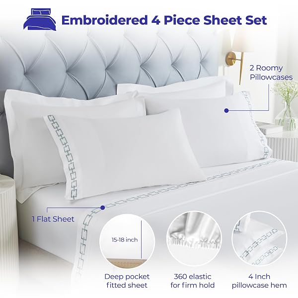 SUPERIOR EMBROIDERED COTTON BED SHEET SET, 1 ELASTIC DEEP POCKET FITTED SHEET, 1 FLAT SHEET, 1 PILLOWCASE, DAILY SOFT SHEETS, LUXURY, UNIQUE DESIGN, CHAIN LINKS COLLECTION, TWIN, WHITE-SILVER