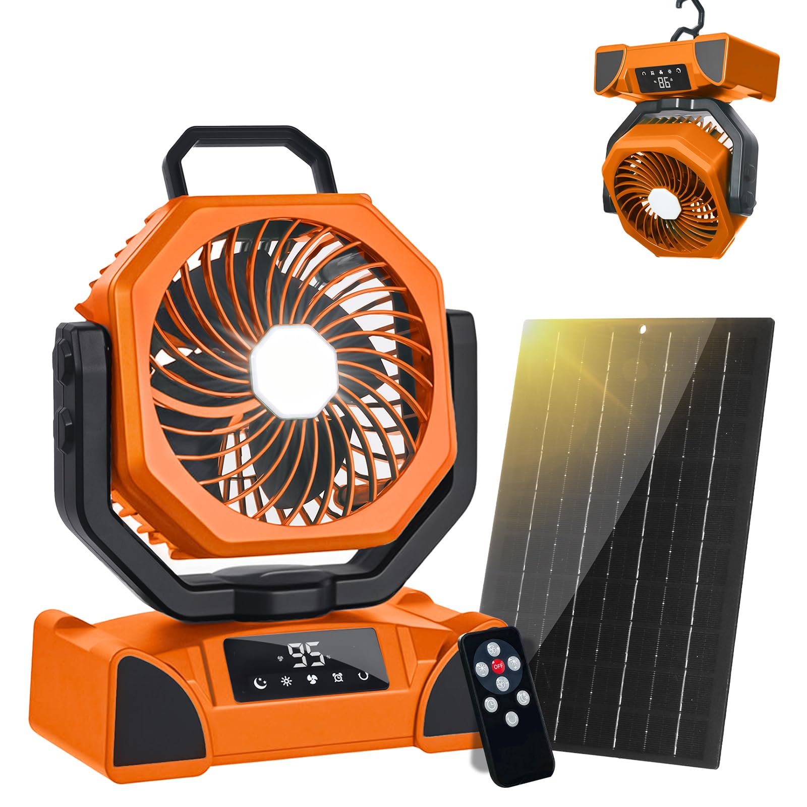 Photo 1 of 20000mAh Solar Camping Fan, Portable Rechargeable Battery & Solar Powered Fan with 7W Solar Panel, Remote Control, Auto Oscillating, LED Display, Light, Timer for Outdoor Camp, Beach, Travel Tent