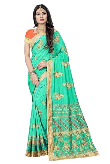 YASHIKA Fashion Womens Designed Light Green Embroider Work Saree With Blouse Piece