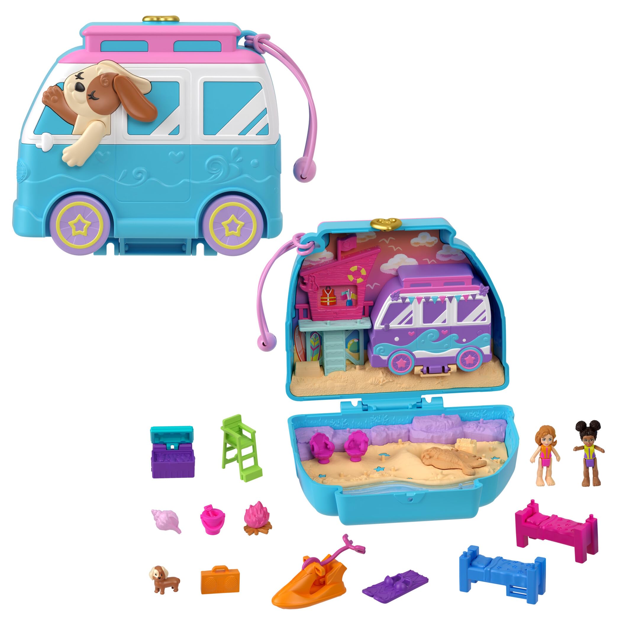 Polly Pocket Dolls and Playset, Travel Toy with Fidget Exterior, Seaside Puppy Ride Compact with 11 Accessories, HRD36 — image 1