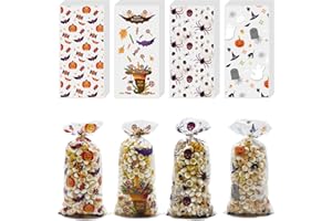 ONFAON Halloween Cellophane Treat Bags, 180pcs Halloween Trick or Treat Goody Gags with 200pcs Twists for Snacks Cookies Packing, Halloween Goodie Bags Party Supplies(02)