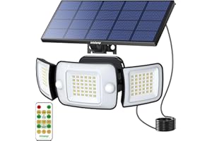 intelamp Solar Lights Outdoor, 3 Head Solar Motion Sensor Lights for Outside, IP65 Waterproof Security Flood Lights, Separate Solar Panel with 9.8FT Cable Remote Control Wall Lights