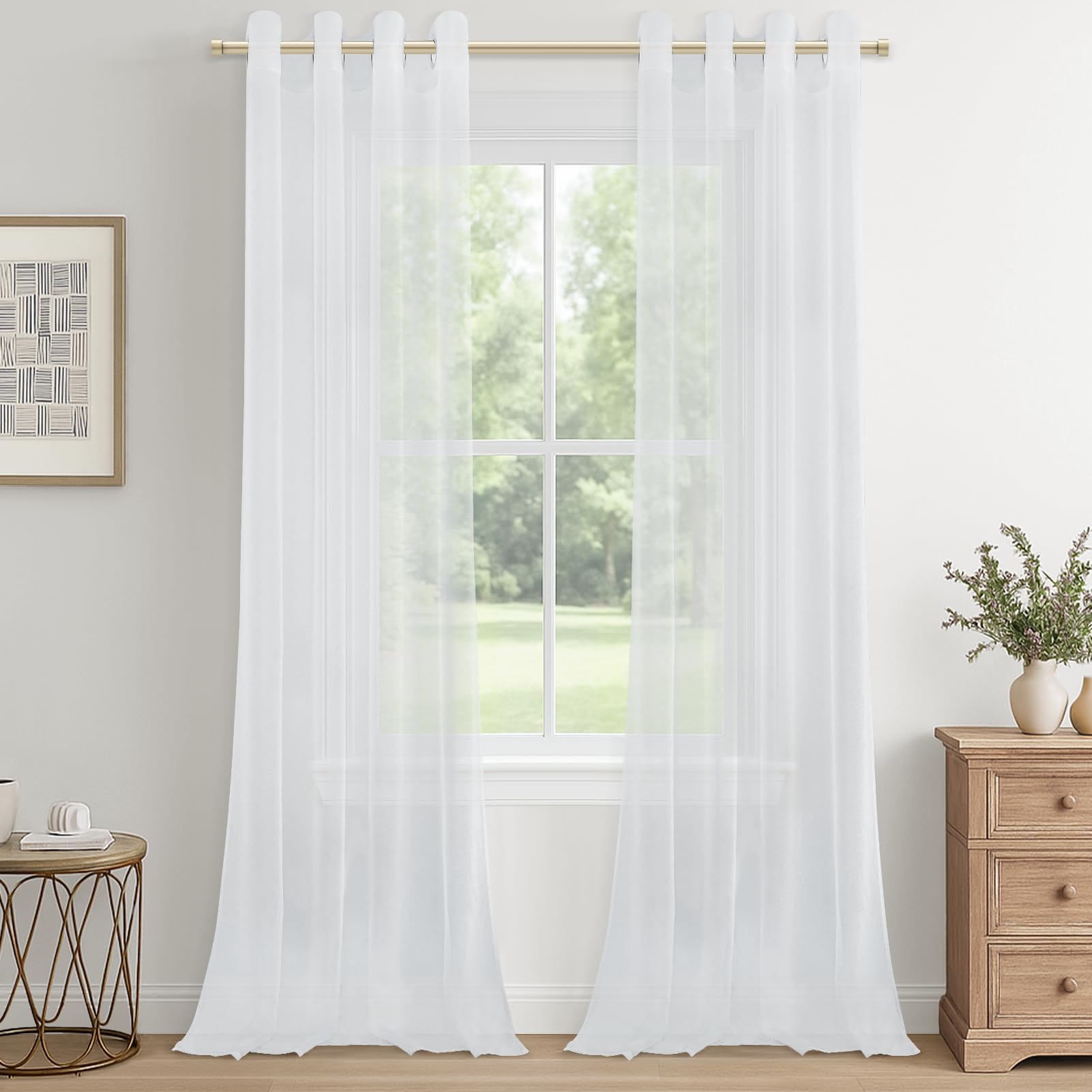 CUTEWIND White Solid Voile Semi Sheer Curtains Translucent Eyelet Panels for Living Room/Balcony/Sliding Door/Bedroom/Solarium/Patio Door Privacy Protection Elegant Drapes,Sets of 2(White,55"Wx102"L)
