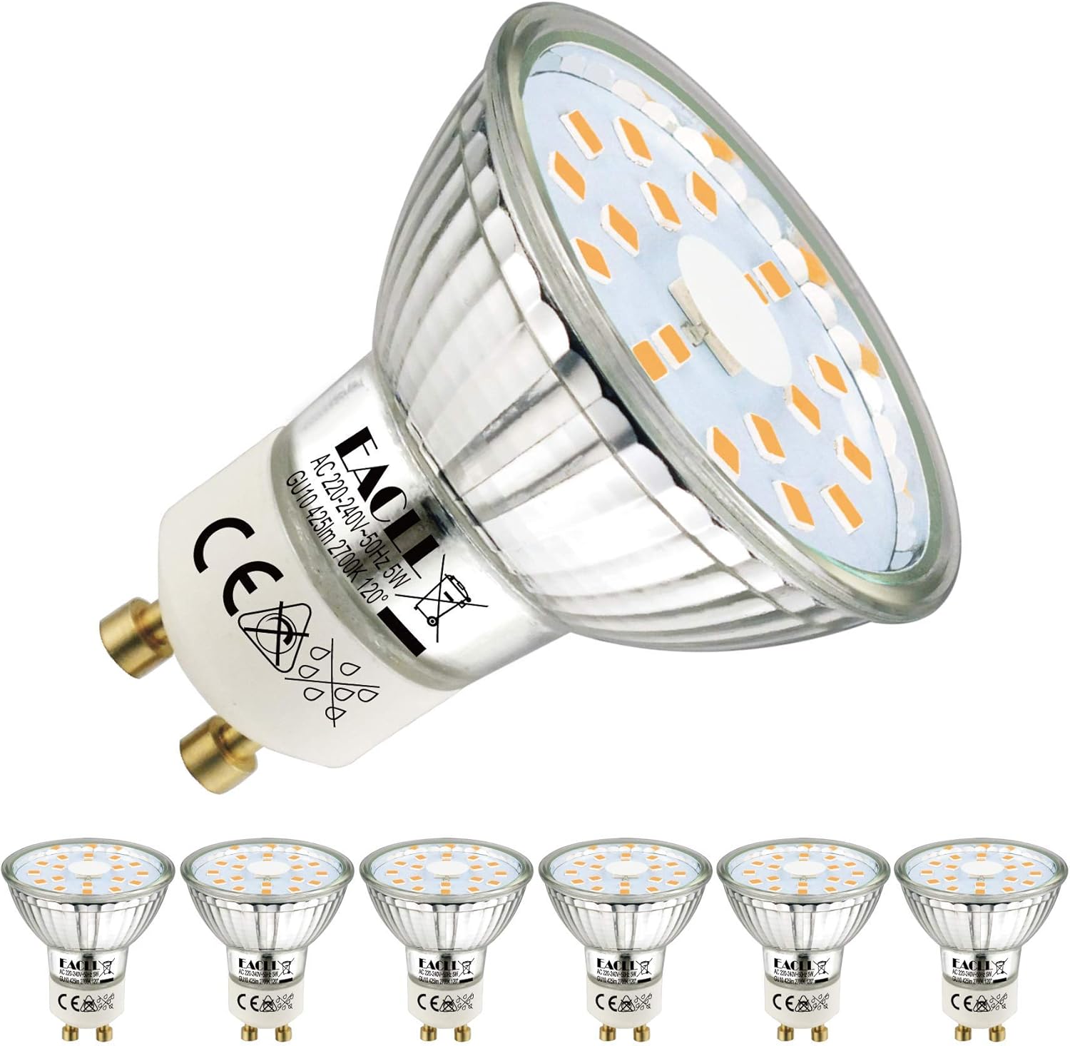 EACLL GU10 LED Bulbs Warm White 4.9W Equivalent 70W Halogen, Pack of 6, 515 Lumens 2700K, AC 230V Flicker-Free Spot Light