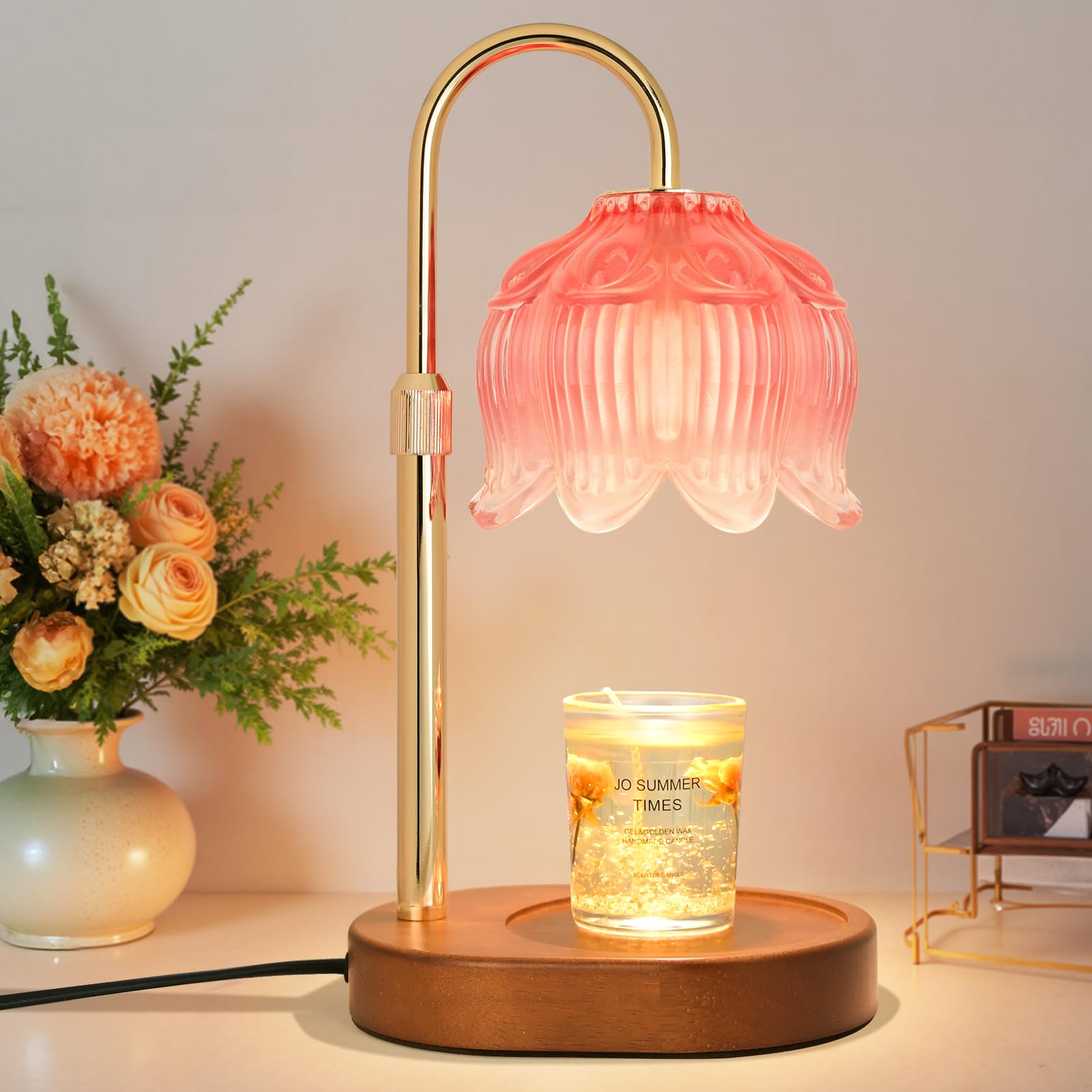NONVJJ Candle Warmer lamp with Timer Dimmer,Electric Candle Warmer, Vintage Flower Lotus lamp,Compatible with Various Candles, Gifts for Mom Women,Candle Lamp for Bedroom Home Decor (Pink-01) Image