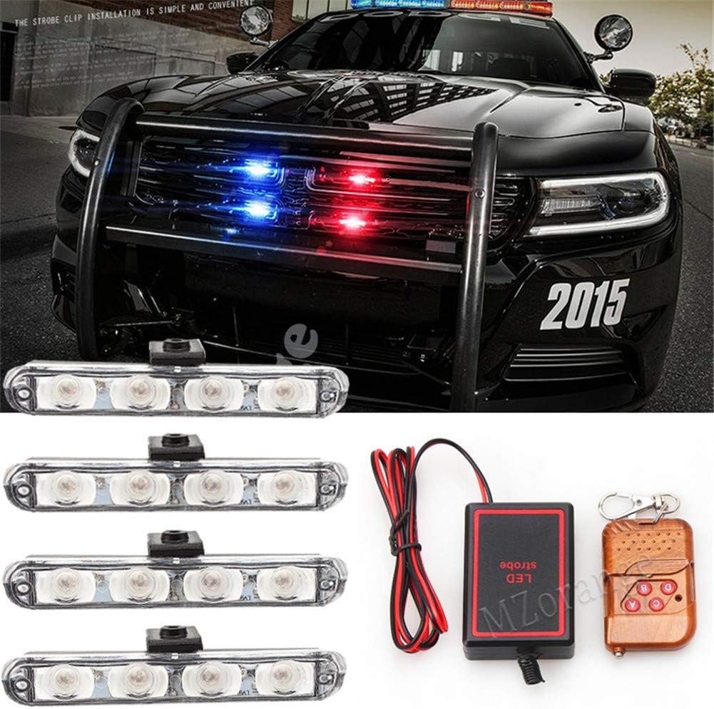 Clidr Combo 4pcs Blue 4-LED Flashing Strobe Lights Bar Grill Emergency Warning Hazard Light + Remote Control