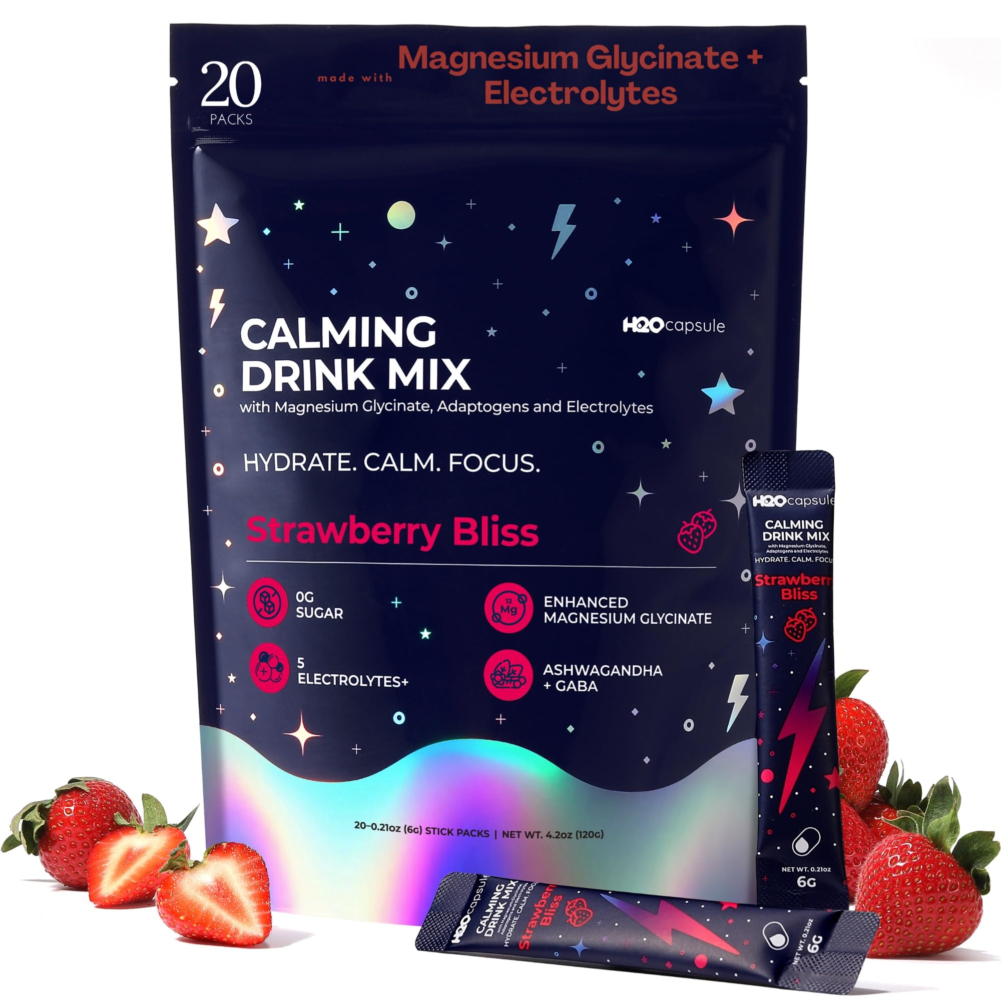 Calm Magnesium Glycinate Drink Mix with Electrolytes – Sugar Free Powder with Ashwagandha, L-Theanine, Vitamin B & GABA – Cortisol Support, Stress Relief, Hydration & Focus - 20 servings (Strawberry)