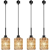 MELUCEE 4 Packs H-Type Track Hanging Light Black Ceiling Track Lighting Fixtures Rattan Pendant Light for Kitchen Island Dini