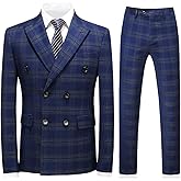 Mens Plaid 3 Piece Suits Slim Fit Double Breasted Plaid Suit Jacket Vest Pants Set Formal