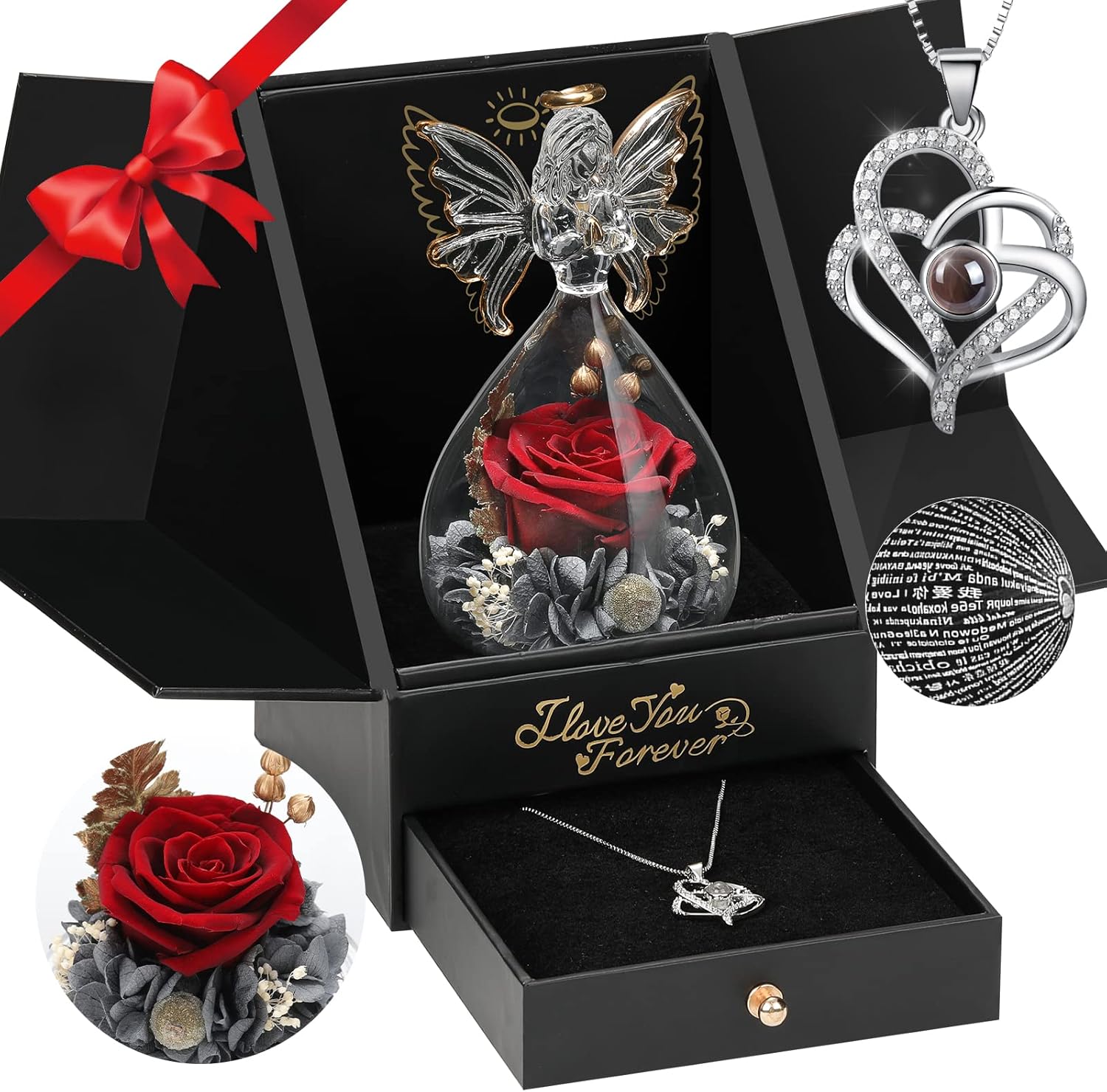 Dried & Preserved Flora - Birthday Gifts for Her Women Anniversary Romantic Wedding Gift-Preserved Flower Real Forever Rose I Love You Necklace 100 Languages-Angel Figurine-Gifts for Mom Grandma Wife Girlfriend Friends