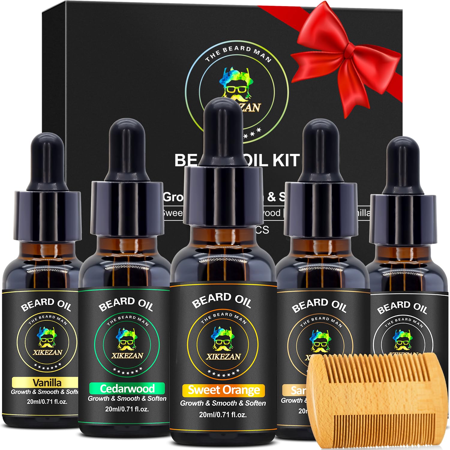 Beard Oil 5 Pack,Pure & Natural Sandalwood,Cedarwood,Vanilla,Sweet Orange,Unscented for Men Beard Growth,Soften,Moisturize,Strength,Christmas Fathers Valentines Gifts for Men Him Dad Boyfriend Husband