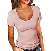 PALINDA Women's Scoop Neck Ribbed Fitted Shirt Basic Short Sleeves Summer T Shirt Tops