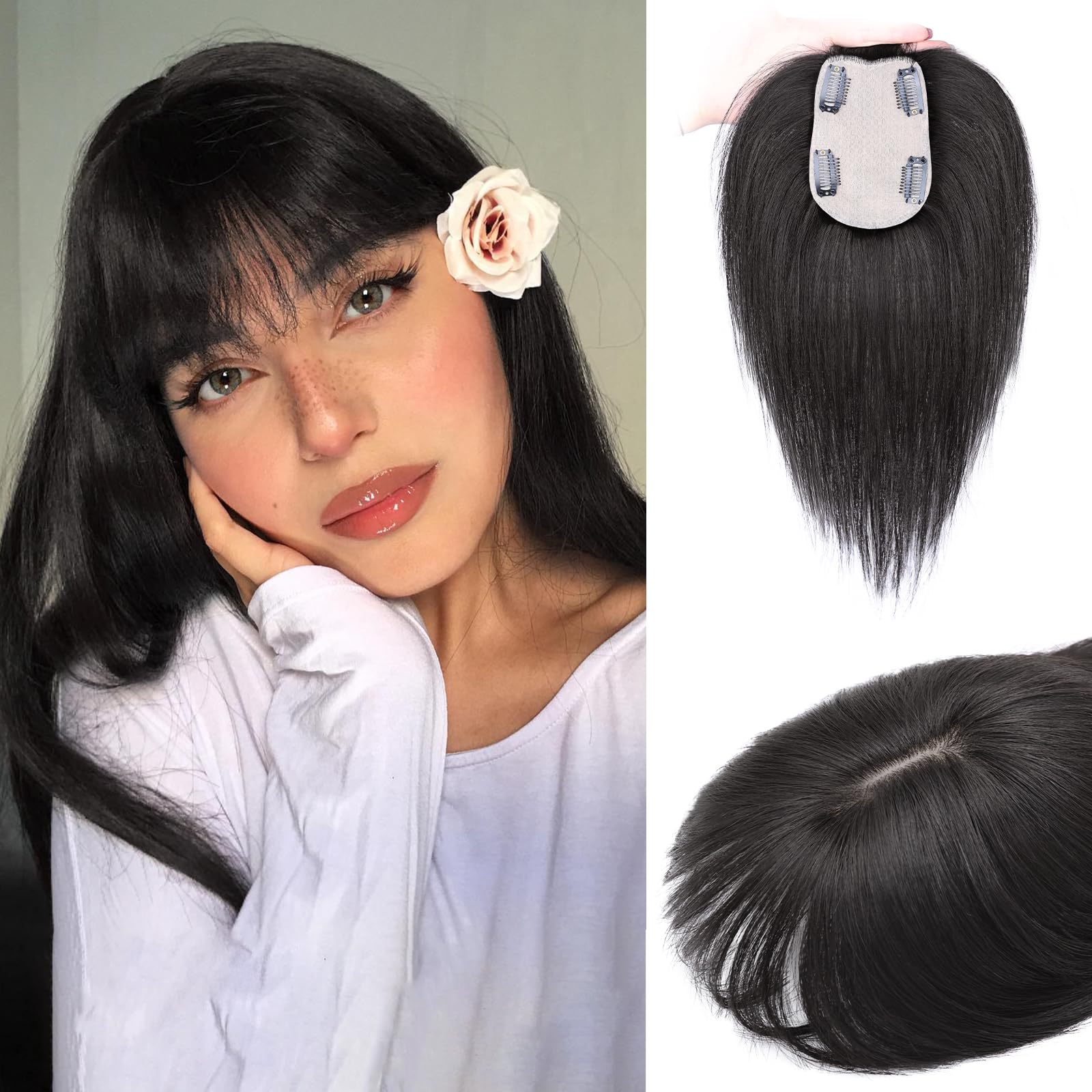 Photo 1 of MOSINA Human Hair Toppers for Women Real Human Hair Toppers Hair Pieces for women 3.2" x 4.5" Silk Base Real Hair Toppers for Women with Thinning Hair(Natural Black)