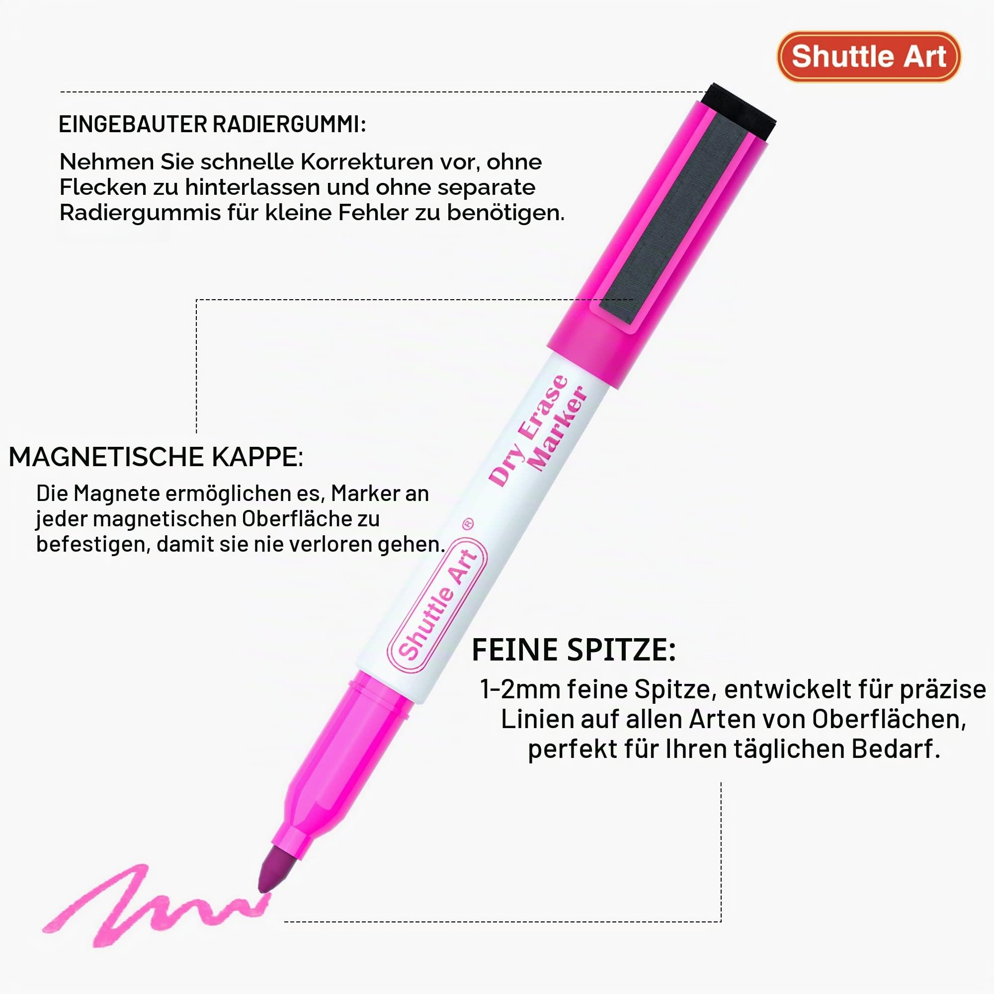 Shuttle Art Whiteboard Marker Set, 15 Farben Magnet Whiteboard Stifte mit Radiergummi, Folienstift abwischbar, Dry Erase Marker mit feiner Spitze, Flipchart Stifte für Weißwand, Schreibtafeln, Spiegel 3