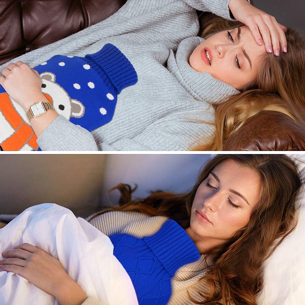 Hot Water Bottle with Knit Cover - Natural Rubber Hot Water Bag BPA Free Durable with Two Replaceable Knit Cover Great for Pain Relief Keep Warm Hot and Cold Therapy(2 Liter): Health & Personal Care