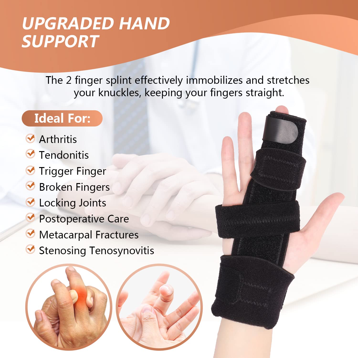 Scurnhau Trigger Finger Splint Finger Brace for 2 Fingers Reversible Finger Splints for Mallet Finger Broken Finger Arthritis Metacarpal Fracture Hand Brace with Finger Support Joints Immobilizer-L/XL