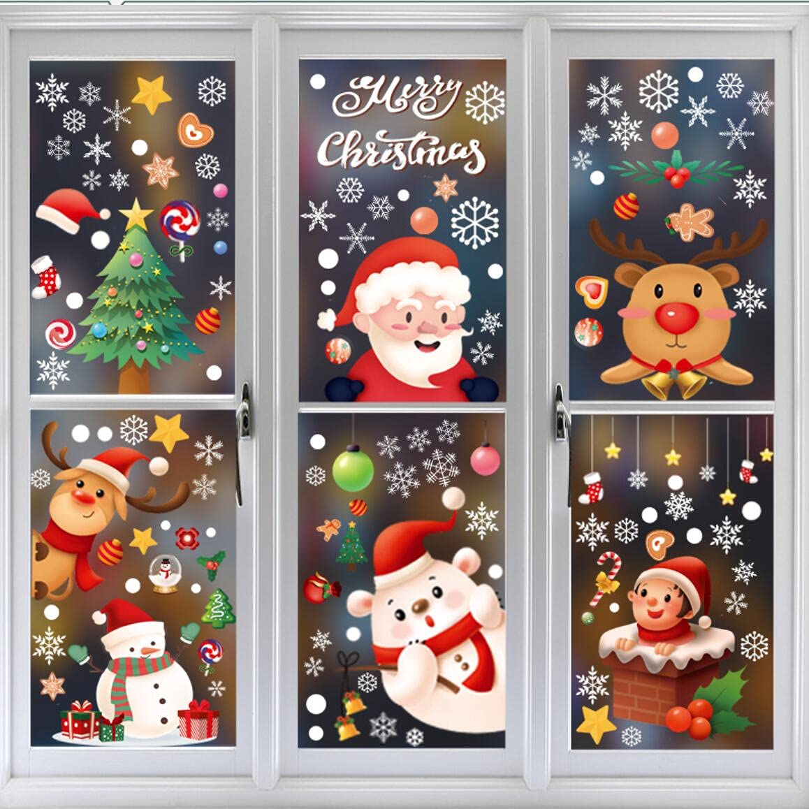 242PCS Christmas Window Clings 9 Sheets Christmas Window Stickers Snowflakes Sata Claus Reindeer Snowman Xmas Decals for Chrismas Party Decoration Holiday Supplies