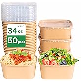 1000ml Disposable Paper Bowls, 50sets Kraft Paper Bowls w/Lids, 33oz Non-Spill Meal Prep Food Container, Great for Restaurant