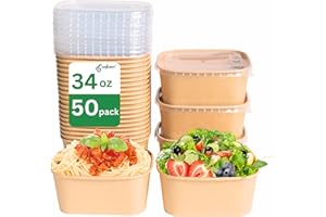 1000ml Disposable Paper Bowls, 50sets Kraft Paper Bowls w/Lids, 33oz Non-Spill Meal Prep Food Container, Great for Restaurant