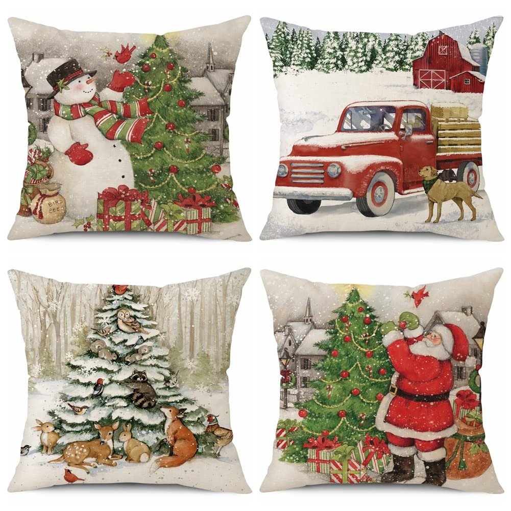 Sungeek Christmas Themed Cushion Covers Set of 4, Snowman Santa Claus Christmas Tree Truck Pillow Covers Winter Holiday Linen Decorative Throw Pillow Cases for Sofa Couch 50 x 50cm